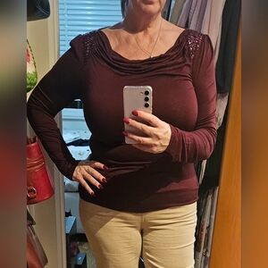 Sequined Burgundy Top With Drop Neck